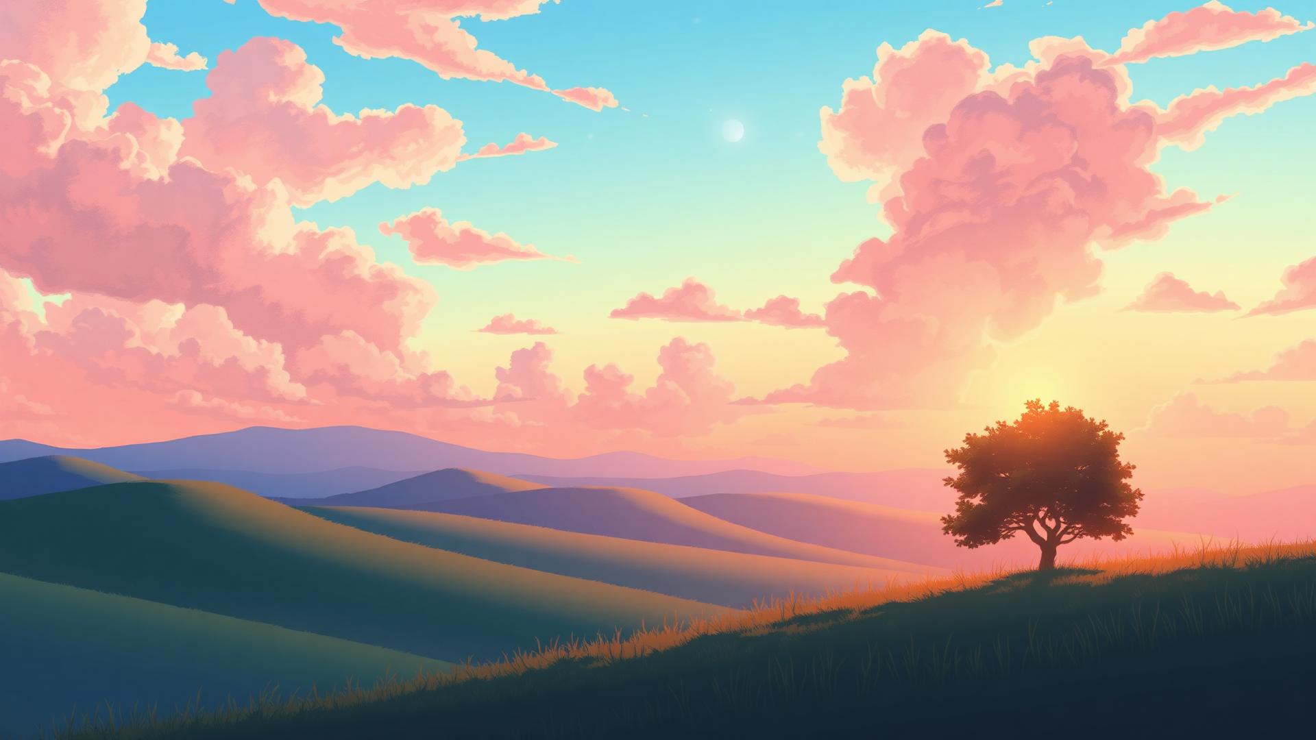 Dreamy pastel anime sky with rolling hills at sunrise